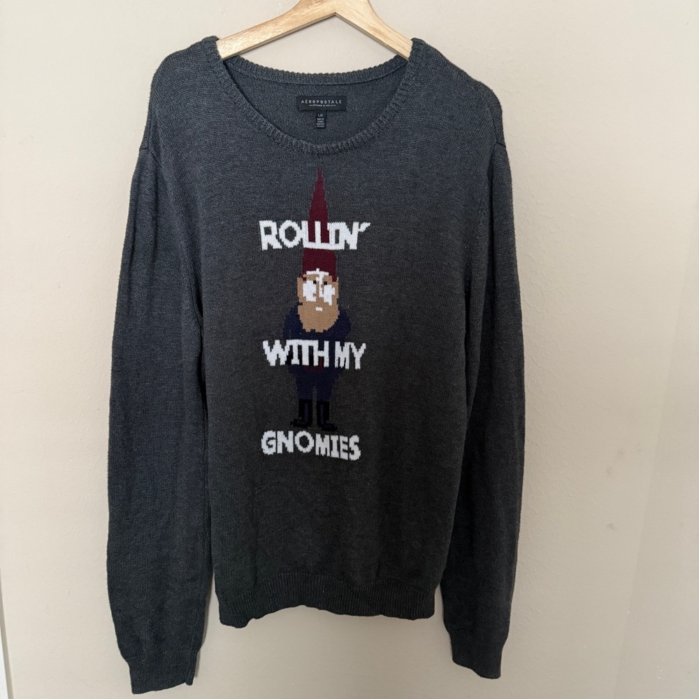 Aeropostale Mens L “Rollin With My Gnomies" Grey Sweater - Crew Neck Christmas - Picture 1 of 6